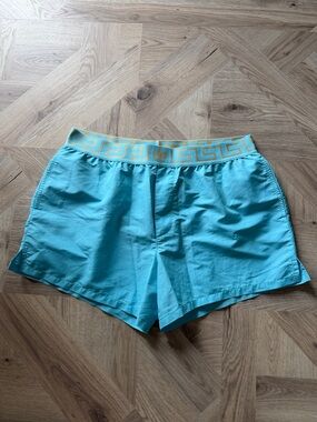 Versace Turquoise Swim Trunks with Gold Greek Key Waistband